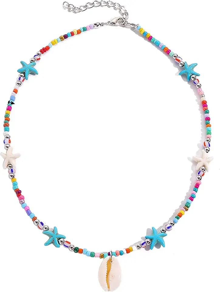 Shell Starfish Fish Toggle Charm Necklace Stack Boho Colorful Pearl Beaded Necklace Summer Coastal Beachy Beach Hawaiian Choker for Women Men