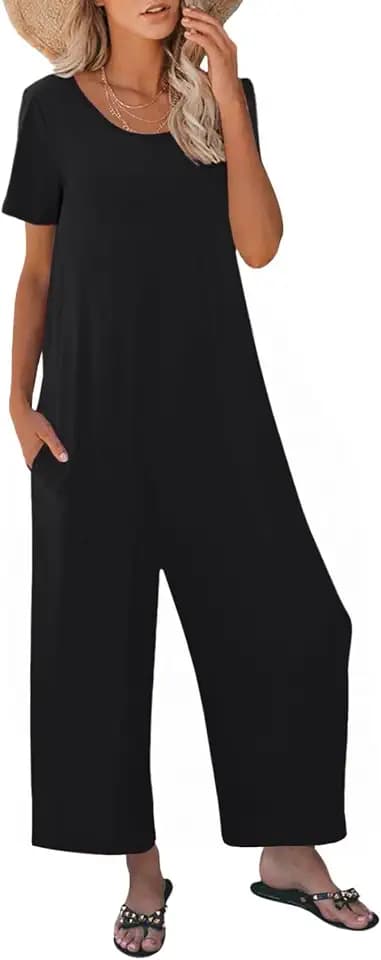 Jumpsuits for Women Summer Short Sleeve U Neck Rompers Casual Loose Fit Wide Leg One Piece Outfits with Pockets