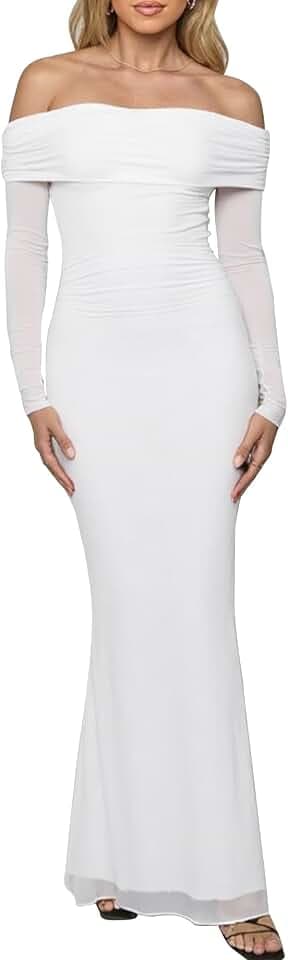 BORIFLORS Women's Off The Shoulder Bodycon Wedding Guest Maxi Dress