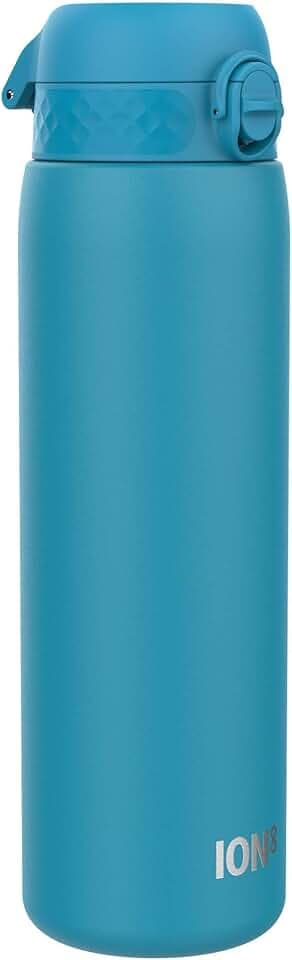 ion8 1 Liter Leicht Edelstahl Trinkflasche, Nicht Isoliert, Auslaufsicher, Einhandöffnung, Sichere Verriegelung, Spülmaschinenfest, Klappdeckel, Tragegriff, Leicht zu Reinigen, Blau