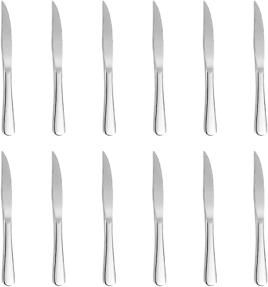 12-Piece Bright Silver Steak Knives Set, Stainless Steel