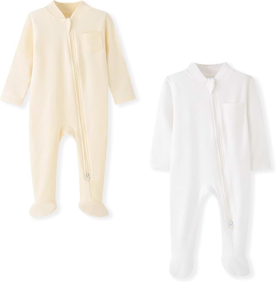 BINIDUCKLING Baby-Jungen Mädchen Schlafanzug Schlafstrampler für Neugborene 0-12 Monate, 2-Wege-Reißverschluss, Baumwolle, mit Füßen, 2er-Pack
