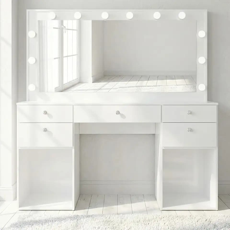 Boahaus Verona Large Vanity Desk with Framed Bulb Mirror – Drawer Makeup Station with Integrated Power