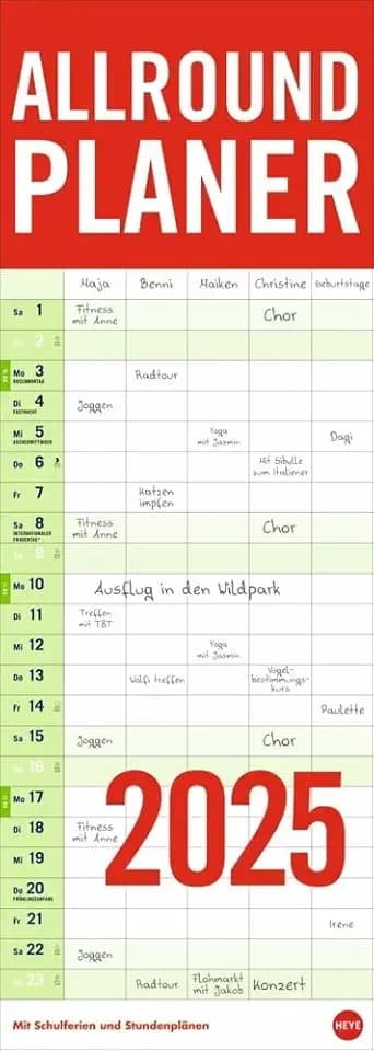 Allround-Familienplaner Vertical Kalender 2025: Praktischer Wandplaner mit 5 Spalten. Großer Familien-Wandkalender mit Schulferien und 3 Stundenplänen. Terminkalender 2025. (Bürokalender Heye)