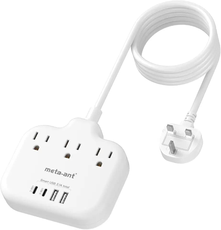 Type G Adapter for Travel,meta-ant US to UK Travel Adapter with 3ft Extension Cord,3 Outlets 4 USB(2 USB-C), Type G UK Ireland Travel Plug Adapter to British Scotland England London Hong Kong Dubai