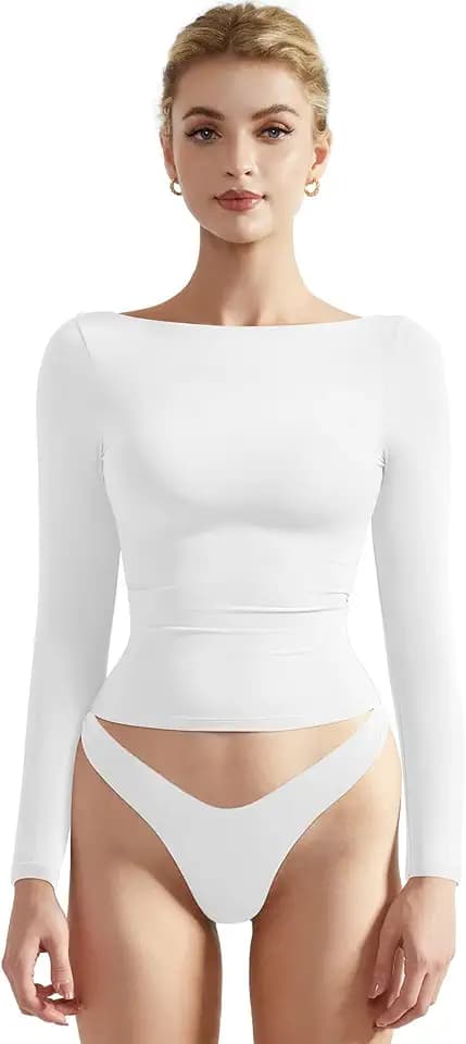 SUUKSESS Women Long Sleeve Shirts Double Lined Crew Neck Fitted Crop Top