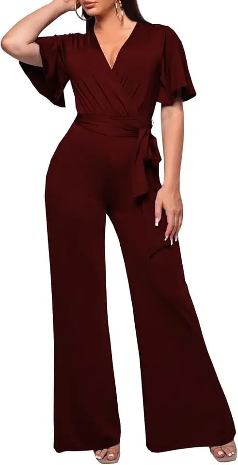 PaladMom Womens Elegant Plus Size Jumpsuits Sexy Back zipper Short Sleeve Mid Waist Wide Leg Straight Rompers