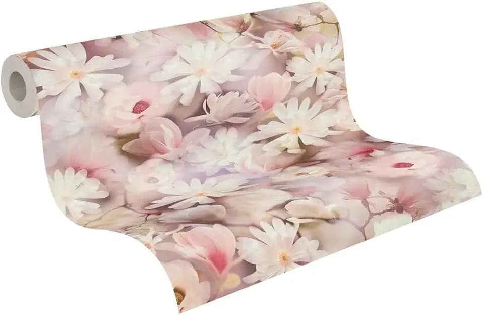A.S. Création PintWalls Vliestapete mit Blumen-Motiv 0,53 x 10,05 m - Blumentapete in Weiß Rosa - Tapete Landhausstil Floral -387222