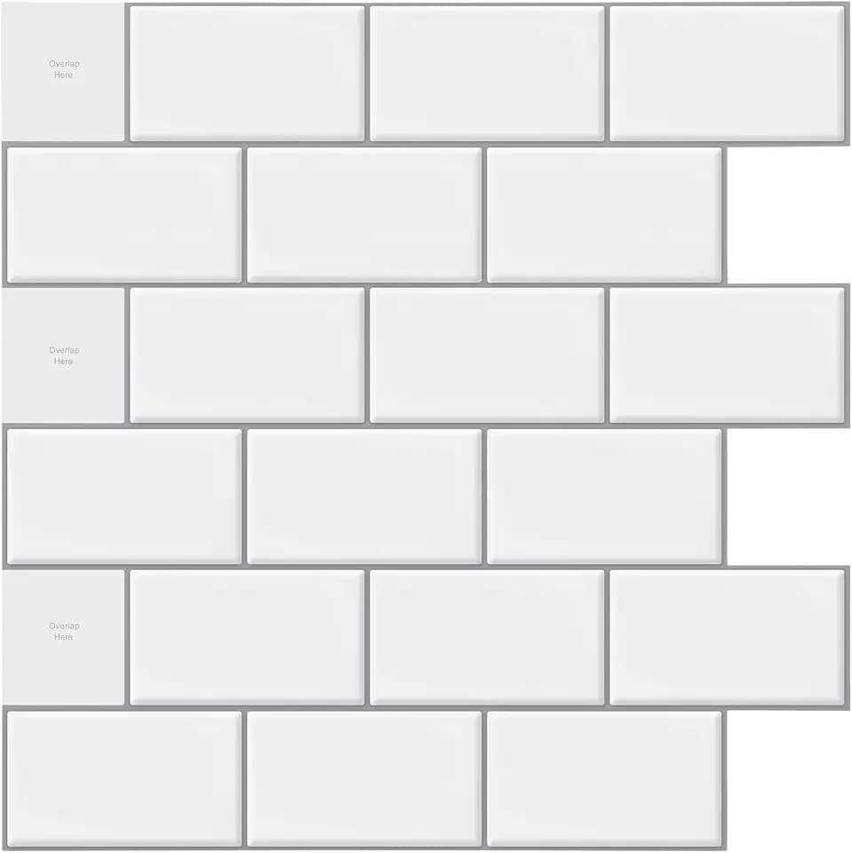 LONGKING 10 Stück klebefliesen küche,Fliesenspiegel Selbstklebend küche,Metro Fliesen Selbstklebend,30,5 x 30,5 cm,Hellweißer grauer Fugenmörtel