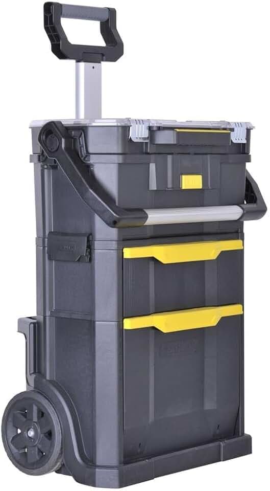 STANLEY 2in1 Rollende Werkstatt Werkzeugkoffer leer Werkzeugkasten (53 x 75.60 x 32 cm, Werkzeugtrage mit Organizeraufsatz,mit zwei großen Fächern, Teleskopgriff,aus robustem Kunststoff) STST1-79231