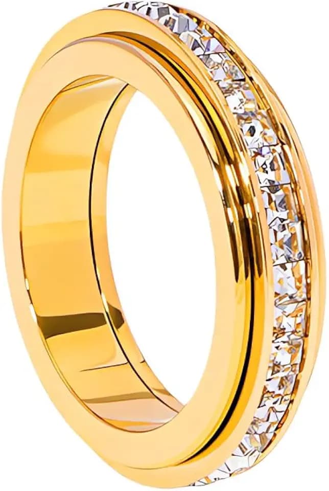 Pingyongchang Titanium Steel Spinner Fidget Band Rings for Women Men Cubic Zirconia Rotatable Anxiety Relief Ring Wedding Promise Statement Jewelry Sizes 5-12