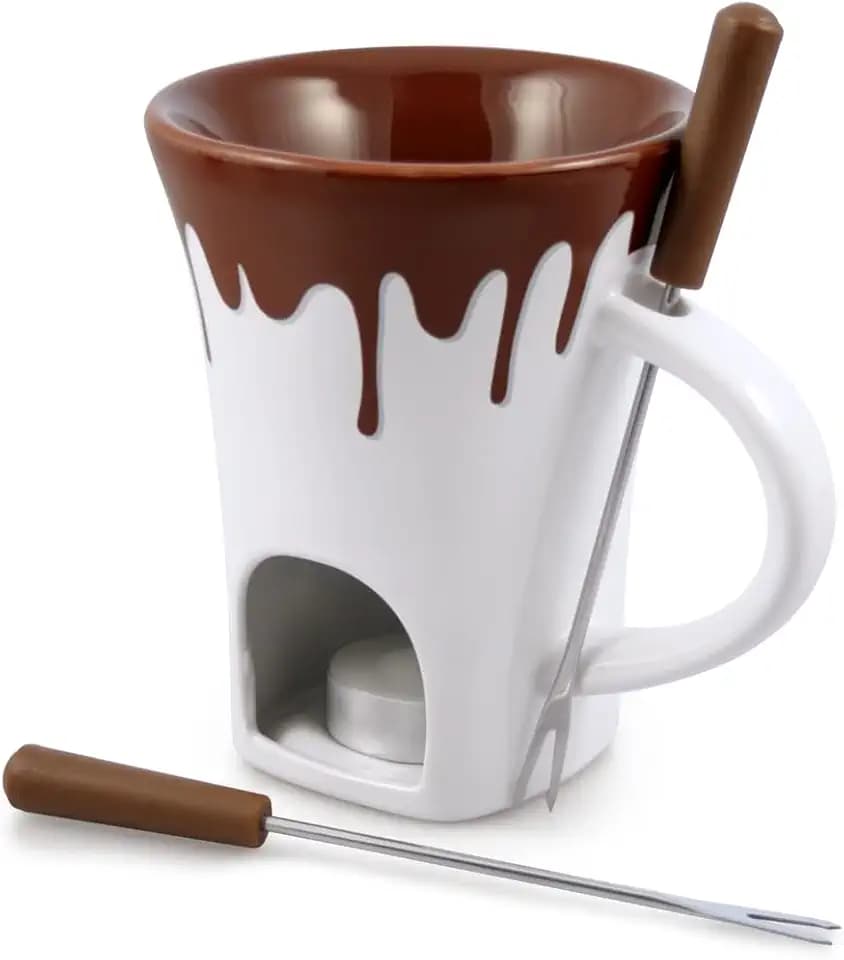 Swissmar Nostalgia Schokoladenfondue-Becher-Set 4-teilig, Keramik/Edelstahl, Weiß/Braun, 120 ml, Teelichtbeheizt, Spülmaschinenfest, in Geschenkverpackung