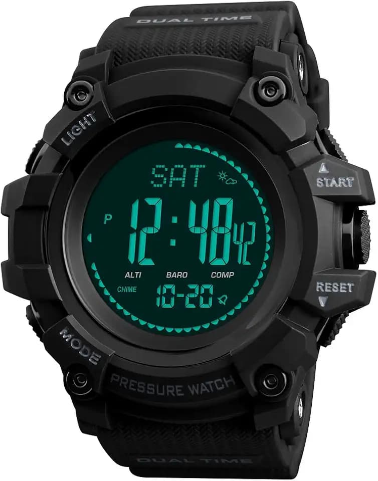 Multifunktional Outdoor Militär Sport LED Digital Herren Uhren Kompass Schrittzähler Plastik Wählscheiben mit Kautschuk Band Alarm, Schwarz