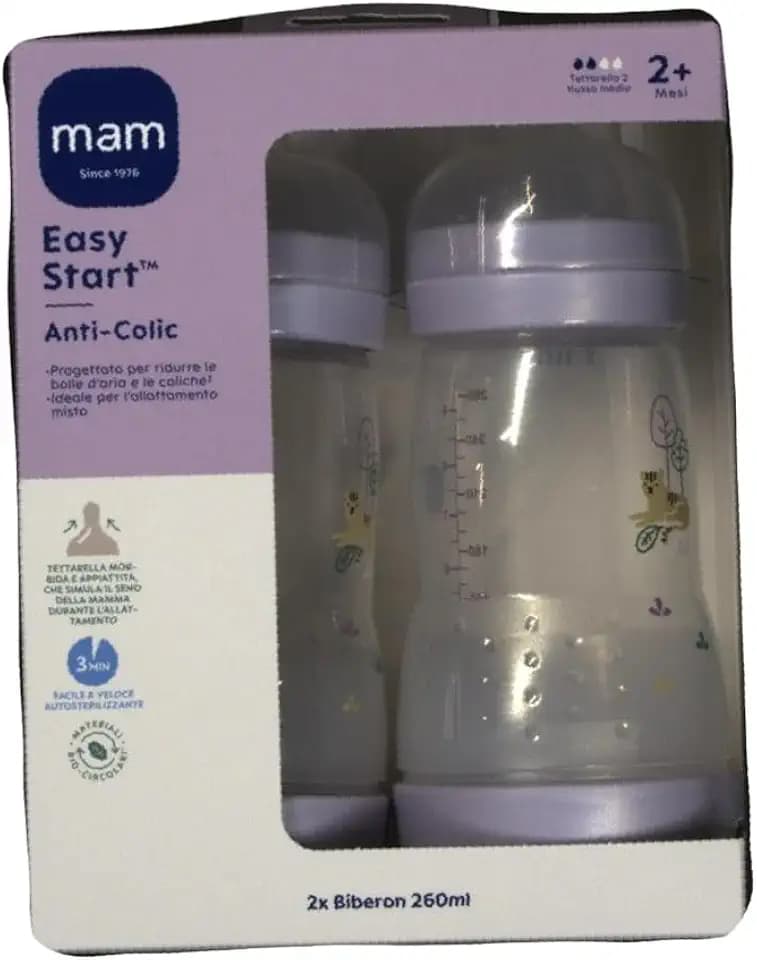 MAM Easy Start Babyflasche, 260 ml (2er-Set), Kit mit 2 Anti-Kolik-Flaschen für gemischtes Stillen, reduziert Luftblasen und das Risiko von Koliken, Babyzubehör 2+ Monate mit Sauger Größe 2, Lila