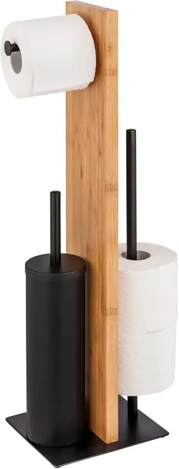 WENKO Stand WC-Garnitur Mod. Lesina, Bambus und schwarz lackiertem Stahl, Kombination aus WC-Garnitur, Toilettenpapier- und Ersatzrollenhalter, WC-Bürstenkopf aus Silikon, (B x H x T): 18 x 69 x 18 cm
