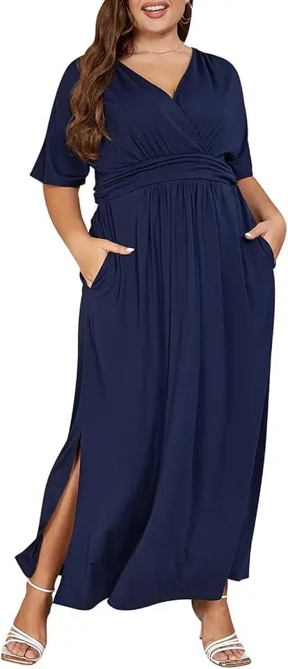 Keluummi Women's Plus Size V Neck 3/4 Sleeve Empire Waist A-Line Maxi Dress