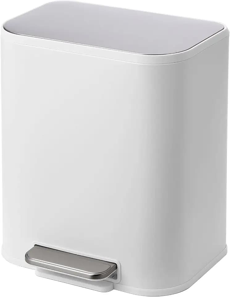 Takywep 5.3 Gallon Kitchen Trash Can with Lid, Stainless Steel Garbage Can with Foot Pedal & Removable Inner Bucket, Rectangular Step On Waste Bin for Office Bedroom Living Room (White, 20L)