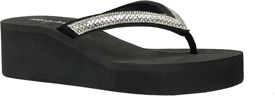 REDVOLUTION New Women's Rhinestone Sandals Platform T-Strap Jewel Sandals High Wedge Flip Flops