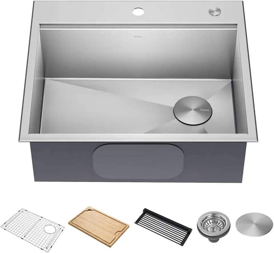 KRAUS Kore 25-Inch Drop In/Top Mount Workstation 16 Gauge Single Bowl Stainless Steel Kitchen Sink with Accessories, KWT311-25