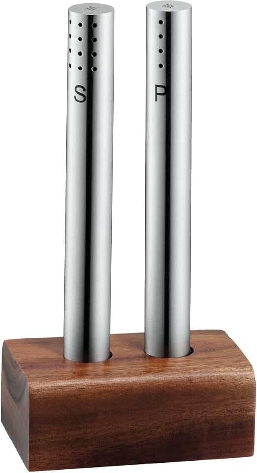 WMF Salz- und Pfefferstreuer Set 2-teilig, Salzsteuer klein, Pfefferstreuer, Cromargan Edelstahl mattiert, Holz-Ständer