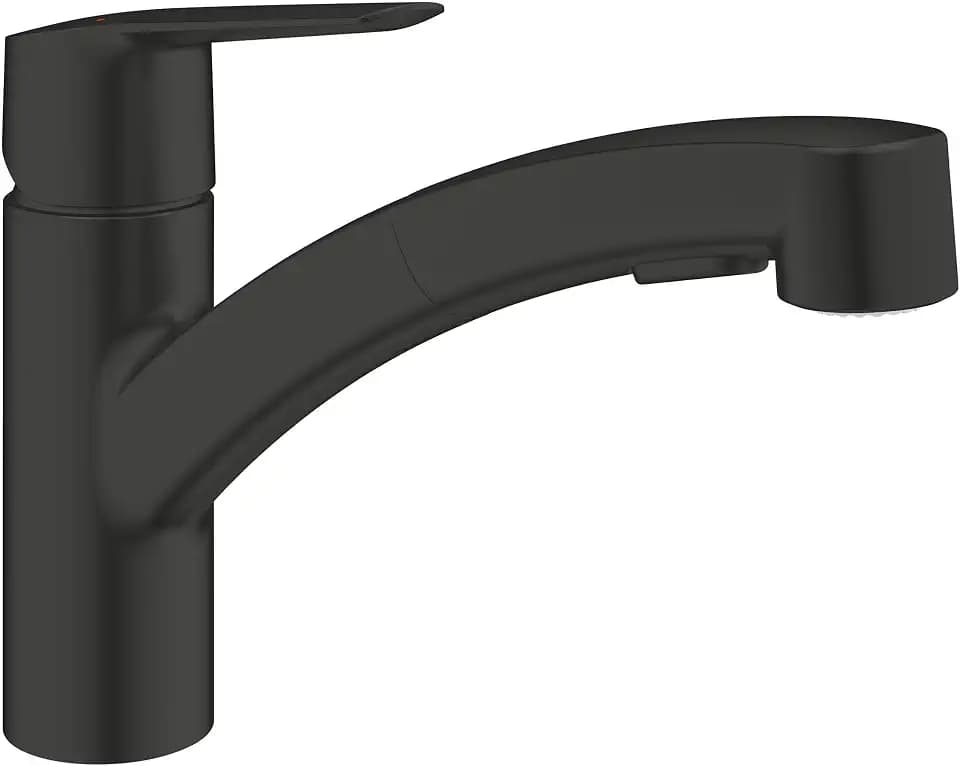 GROHE Start, Küchenarmatur 2 Strahlarten (Wasserhahn Küche mit ausziehbarer Brause, 90° schwenkbar, wassersparend dank variabler Mengenbegrenzung, werkzeugfreie Spülbecken-Montage), schwarz, 305312431