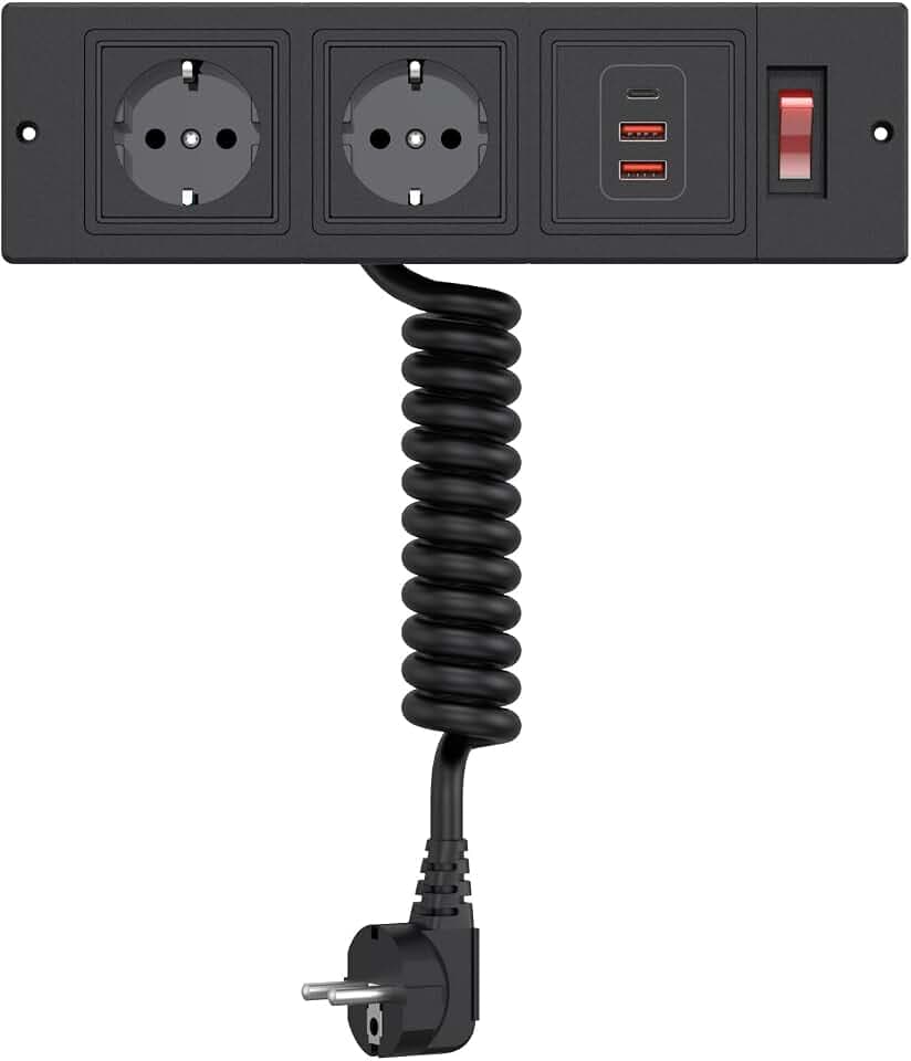 Einbausteckdose mit Spiralkabel, USB-C und Schalter, Schwarz