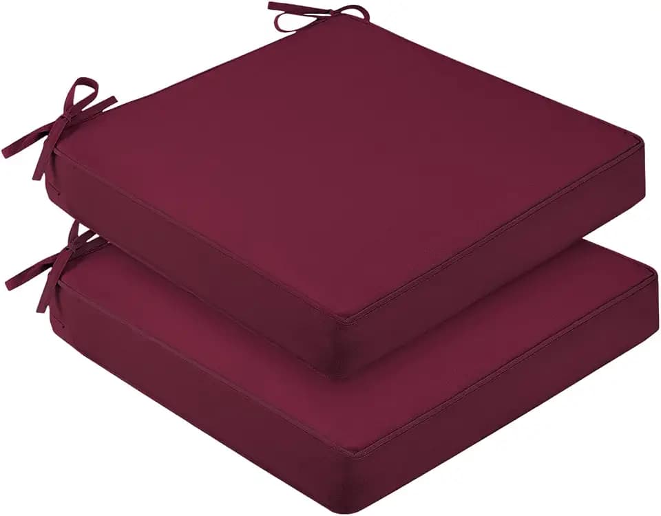 downluxe Waterproof Outdoor Chair Cushions for Patio Furniture, 24" x 24" x 4" Patio Chair Cushion with Adjustable Ties & Portable Handle, Square Outdoor Cushion with Removable Cover, Burgundy, 2 Pack