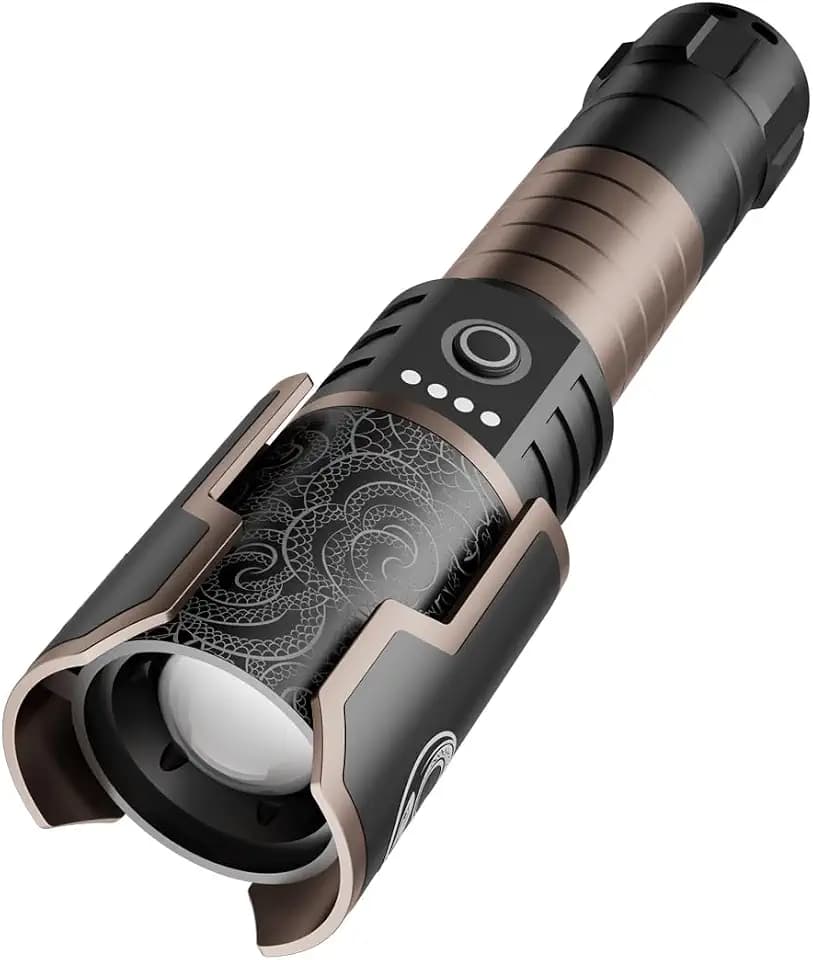 5000 Lumens Rechargeable Flashlight, Tactical LED Flashlight High Lumens with Ignition Lens, 6 Modes Zoomable Waterproof Flash Light for Camping Emergency & Outdoor Adventure