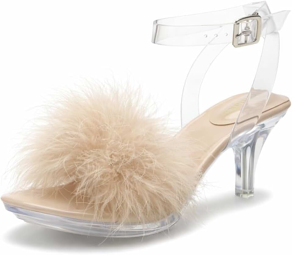 Women's Fuzzy Clear Heels Ankle Strap Stiletto Sandals Fluffy Feather Slip On High Heeled Party Prom Dresses Shoes