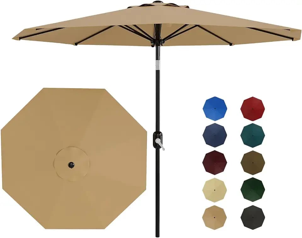 Garvee 9FT Patio Umbrella - Outdoor Table Umbrella with Crank Lift & Push Button Tilt - Market Umbrella 8 Sturdy Ribs UV Protection for Pool, Deck, Yard, Garden, Tan