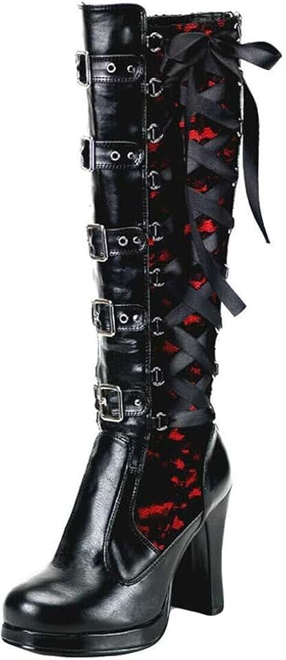 Kniehohe Stiefel Frauen High Heels Blockabsatz Plateau Stiefel Leder Schnürstiefel Steampunk Gothic Vintage Cosplay
