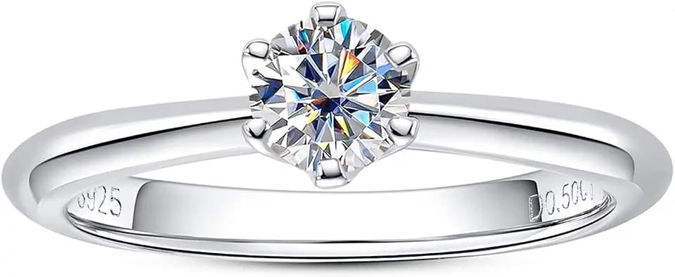 Moissanite Ring, 0.5/1/1.5/2/2.5/3CT Round Brilliant Cut Six Prong Solitaire Gold Plated 925 Sterling Silver Engagement Promise Wedding Rings for Women with Certificate