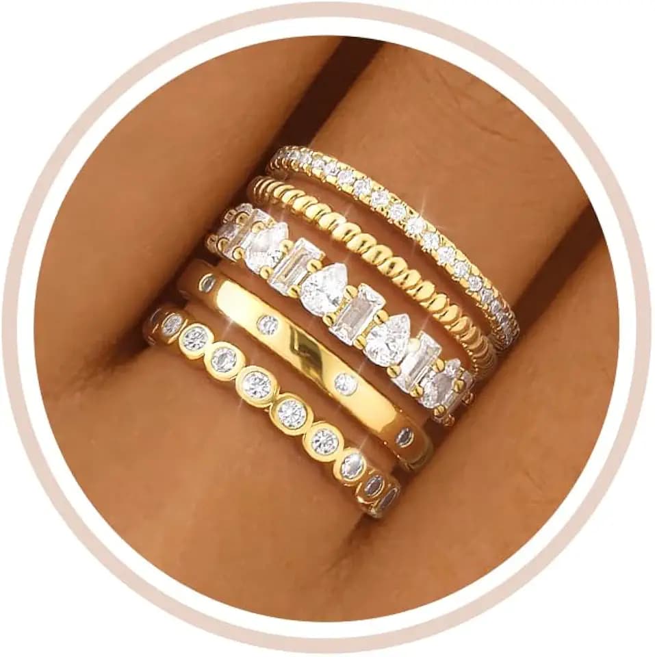 Gold Silver Stackable Rings for Women Non Tarnish Cubic Zirconia Band Ring