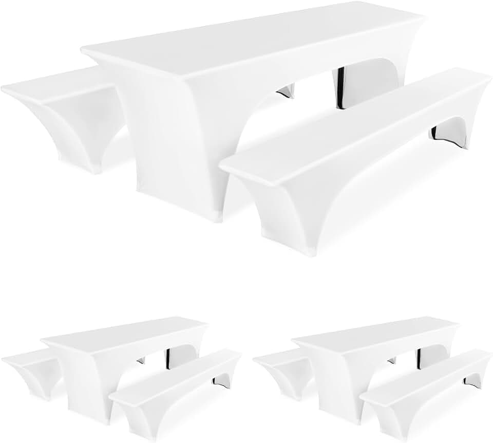 Pesonlook 3er Pack Dreiteilige Sets Biertischhusse Weiß Stretch Biertisch und Bank Set Husse für 50cm Tischbreite, Bierbankhusse, Bierzeltgarnitur 220x50x70cm für Bankett Outdoor Möbel Schonbezüge