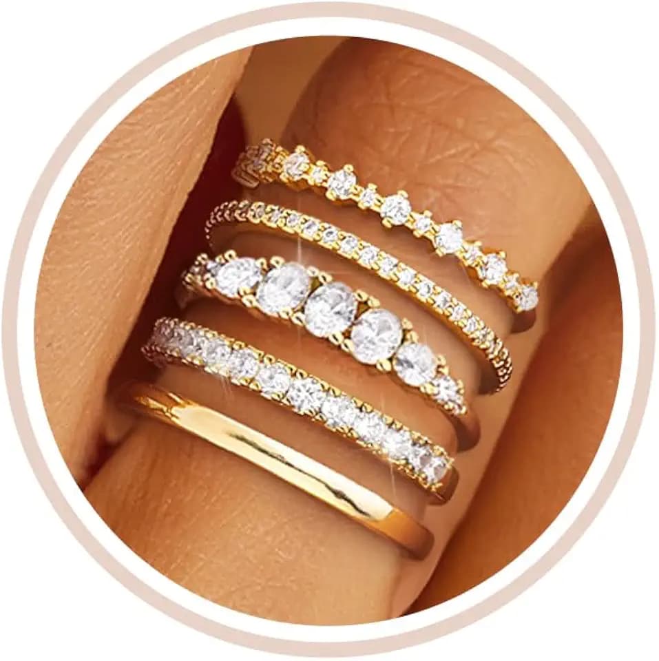 Stackable Silver/Gold Rings for Women Non Tarnish Trendy Dainty 14K Gold Plated Stacking Cubic Zirconia Thumb Ring Set Minimalist Promise Wedding Bands Engagement Rings for Women Size 6-10