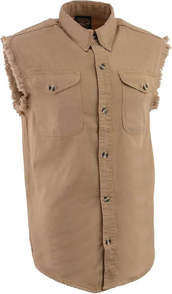 Milwaukee Leather DM4009 Men's Sand Lightweight Denim Shirt with with Frayed Cut Off Sleeveless Look