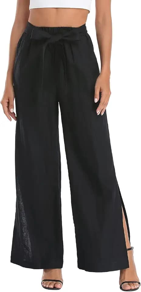 HDE Women's Linen Wide Leg Palazzo Pants with Pockets Paperbag Flowy Boho