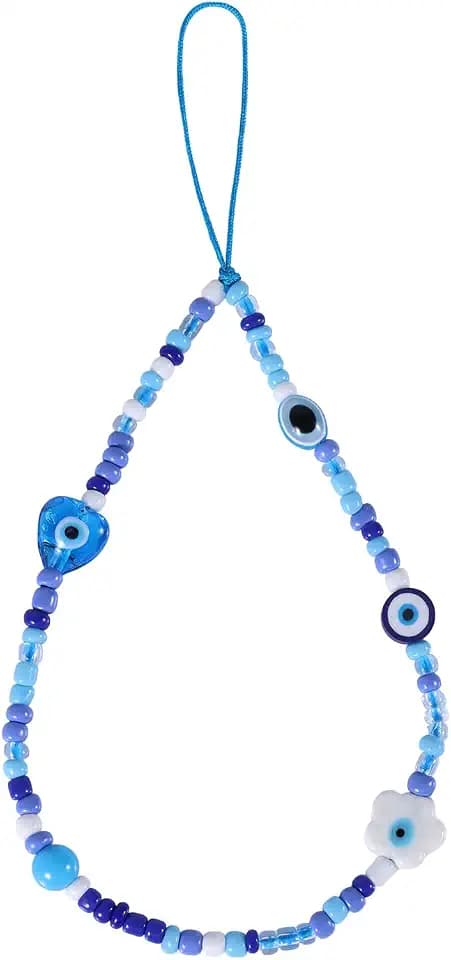 Mikovivi Evil Eye Phone Charm, Cell Phone String Bracelet Strap, Evil Eye Beaded Lanyard, Evil Eye Cell Phone Crystal Chain, Beaded Wristband, Keychain for Women