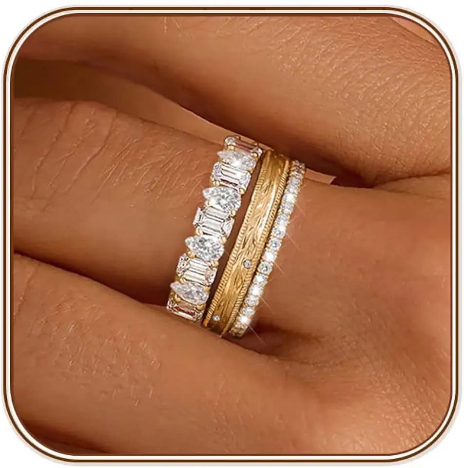 FUNEIA Stackable Gold Rings for Women Non Tarnish Chunky 14K Gold Plated Rings that Don't Tarnish Engagement Cubic Zirconia Ring Set Stack Dainty Pinky Wedding Bands Thumb Rings Gold Jewelry Size 6-11