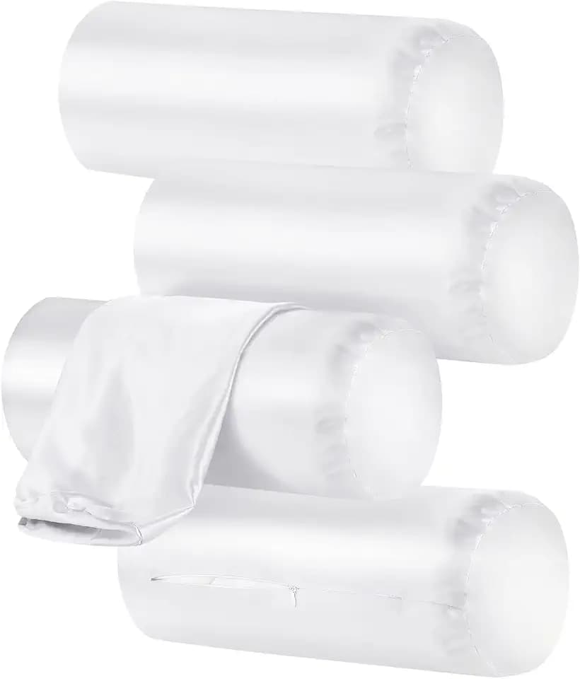 Remerry 4 Pack 14 x 6 Inches White Neck Roll Pillow Case Cover Only Round Bolster Cervical Roll Satin Cylinder Pillow Case Cover with Zipper