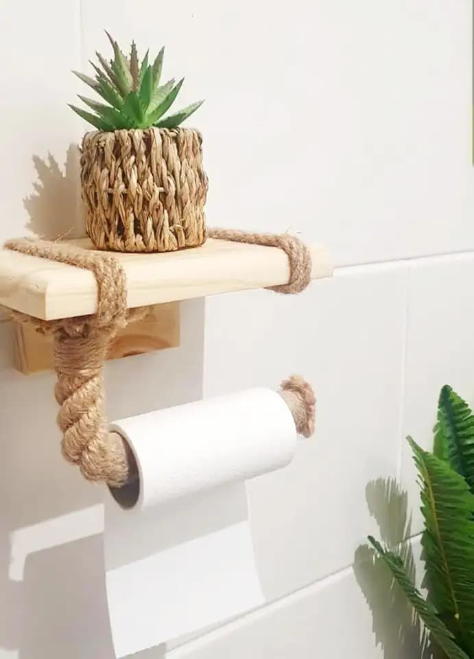 Toilettenpapierhalter mit Ablage – Ablage aus Holz und Seil für Telefon oder Dekoration