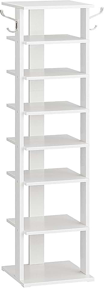 HOOBRO 8-lagiges Schuhregal, schmales Schuhablage, Schuhschrank mit 2 Haken, Ablagegestelle, platzsparend, Stabil, für Eingang, Wohnzimmer, Schlafzimmer, Weiß EWT07XJ01G1