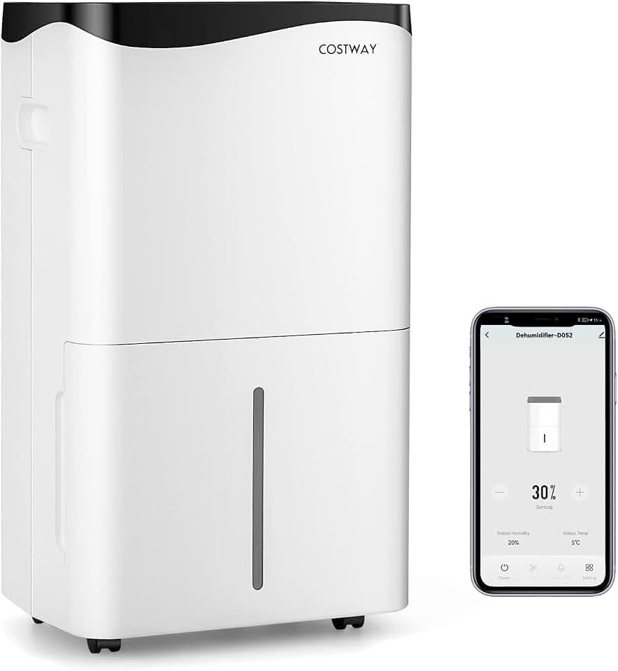 FANTASK 4 Modi Bautrockner 50L/Tag mit 24H Timer, Smart Luftentfeuchter mit LED-Anzige & Ventilator, 5L Wassertank & Ablaufschlauch, Weiß