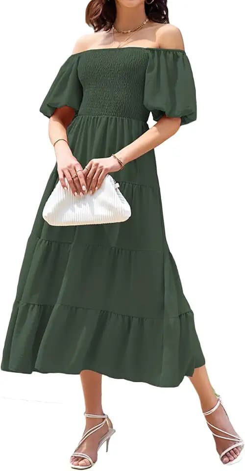 Damen A Linie Kleid Sommerkleid Midi Freizeitkleid Sommer Puffärmel Kleider
