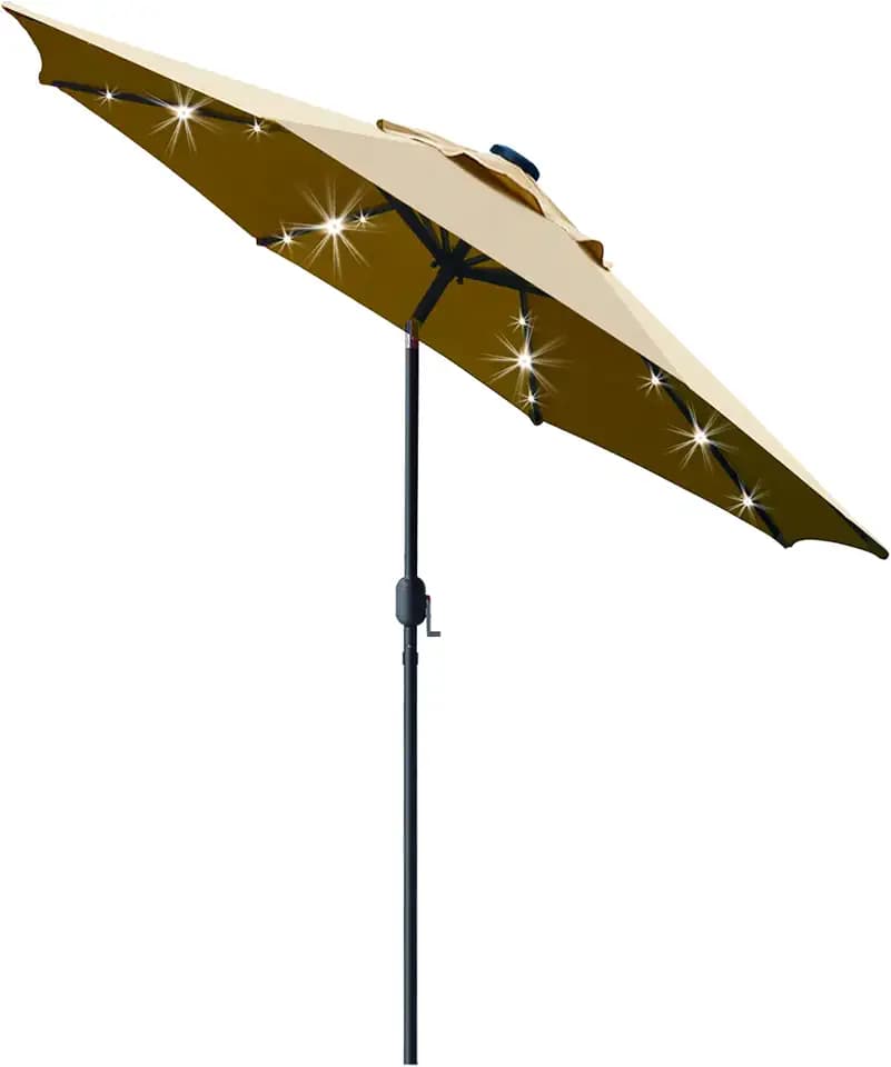 Sunnyglade 9' Solar LED Patio Umbrella, 8 Ribs, Tilt & Crank (Light Tan)