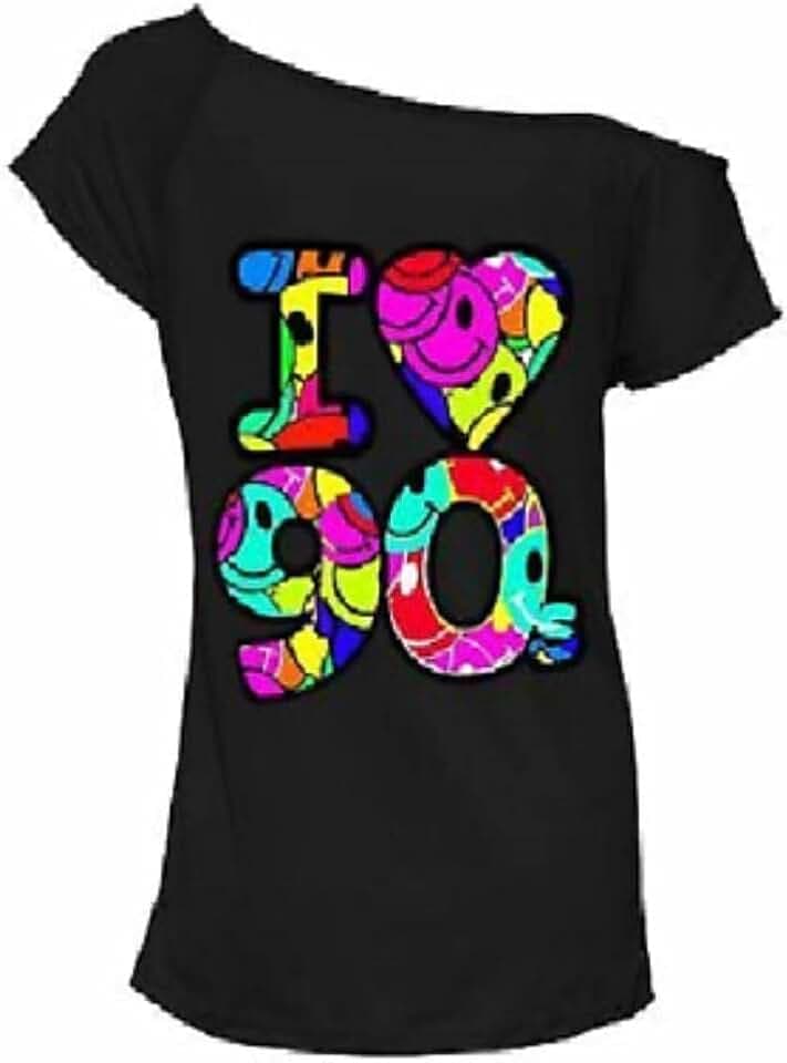 Fairy Trendz Damen-Top "I Love 80er", Retro-Party, Pop-Star-T-Shirt, Top 1980er-Jahre-Party, Top für Junggesellinnenabschied, Junggesellenabschied, Größe 36-54, I Love 90s Mehrfarbig Schwarz, 50-52