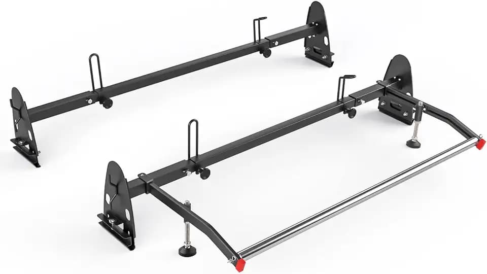 Model RX27 Fullsize Steel Two-Bar Van Ladder Roof Rack with Rear Cargo Roller - Black