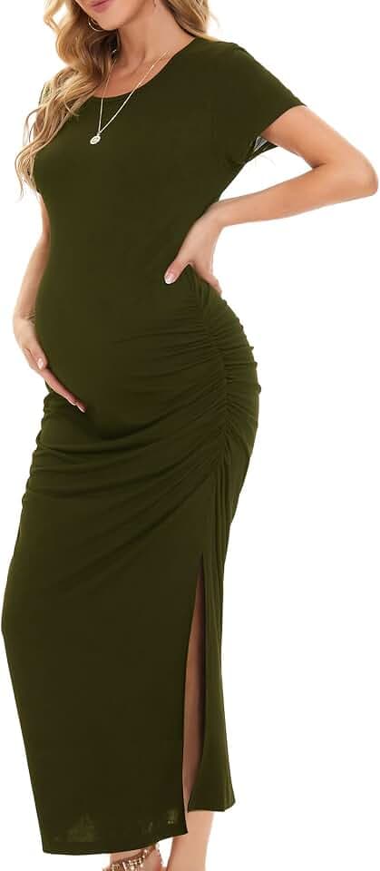 Smallshow Damen Lang Split Umstandskleid Sommer Kurzarm Umstandsmode Army Green XXL