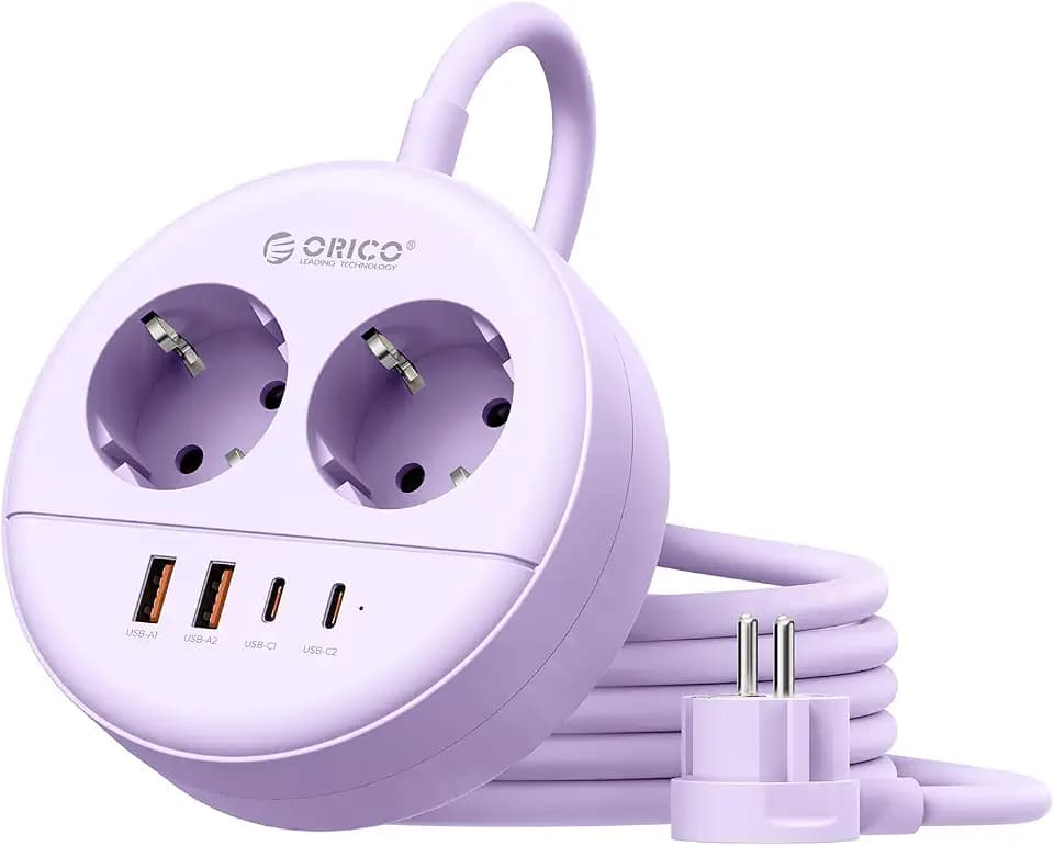 ORICO Runde 2-Fach Mehrfachsteckdose mit USB C 20W, Wandmontage, Lila