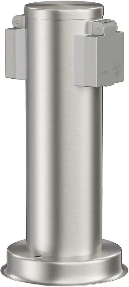 ledscom.de Garten Steckdosensäule PORU für außen, IP44, 2-Fach, Edelstahl, Edelstahl, rund, 27 cm